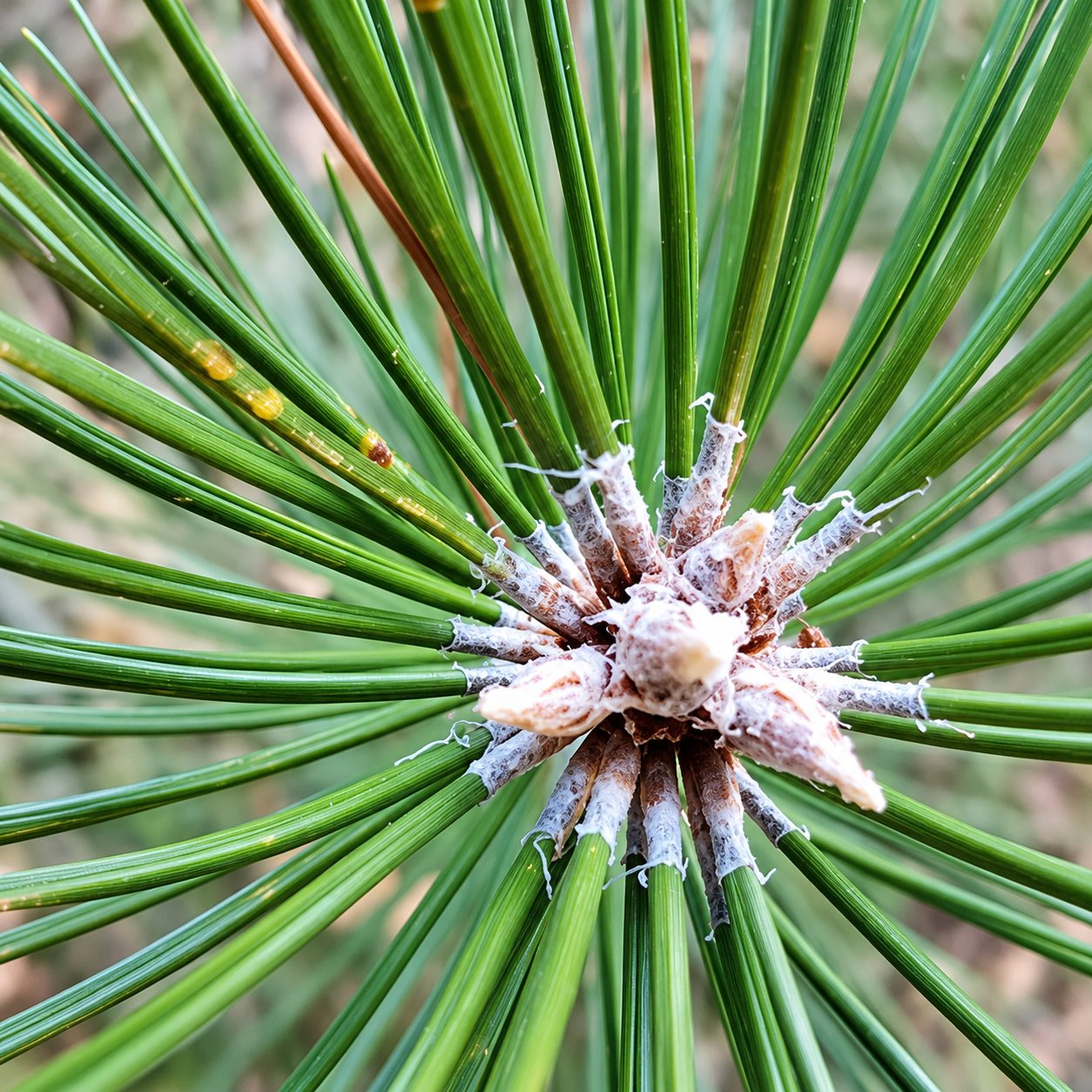 Gros plan sur le centre d’une touffe d’aiguilles de pin vertes rayonnant autour d’un bourgeon blanchâtre.