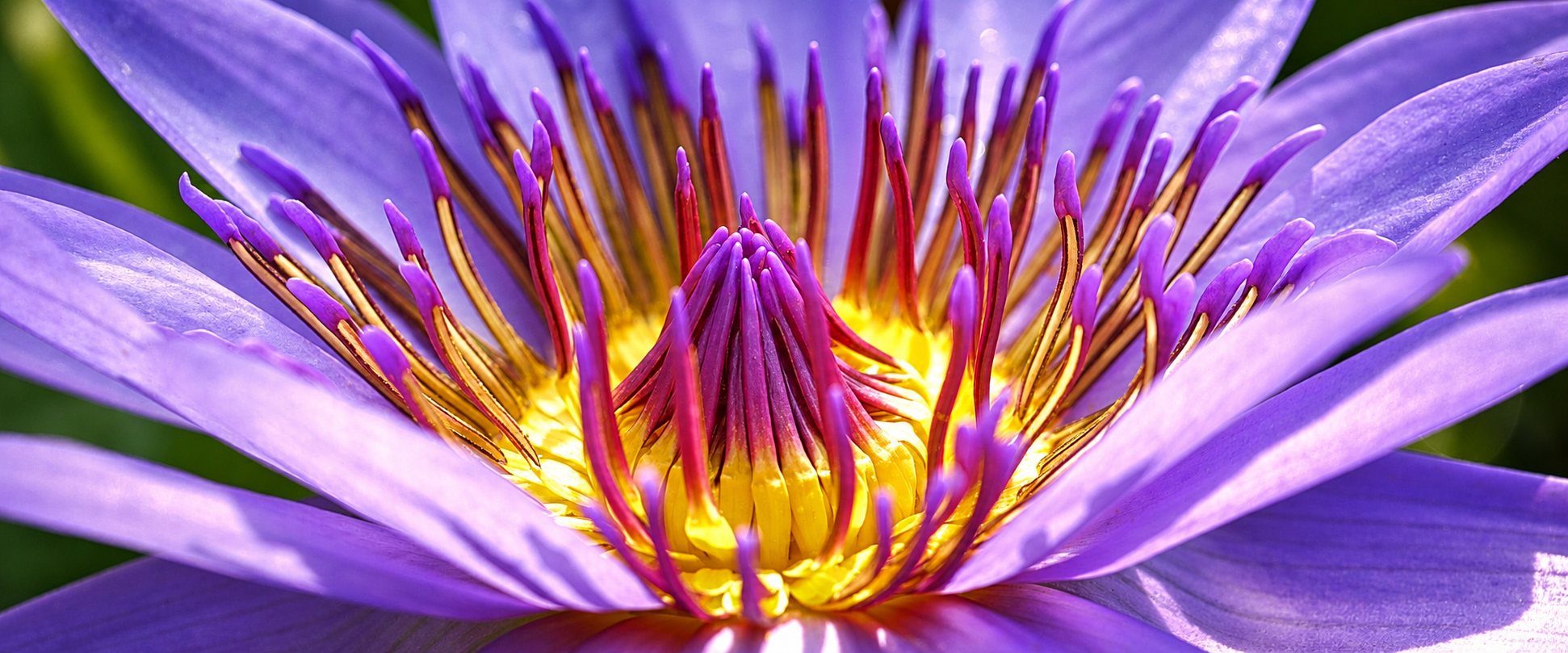 Gros plan sur une fleur de nénuphar violette dont le centre jaune est entouré d’étamines roses et dorées sous une lumière vive.